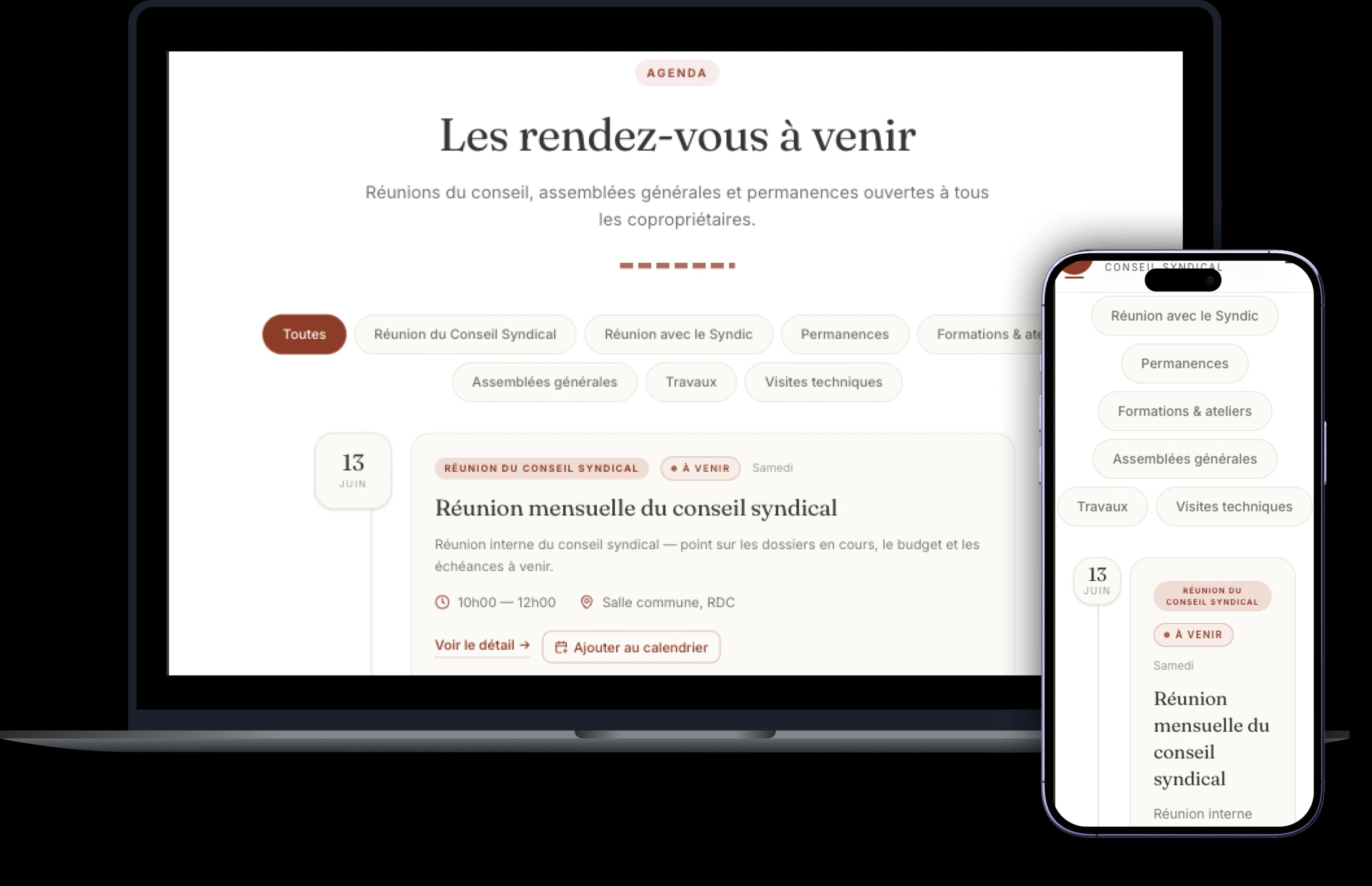 Page agenda de la plateforme communautaire du Conseil Syndical de la Résidence d'Acosta