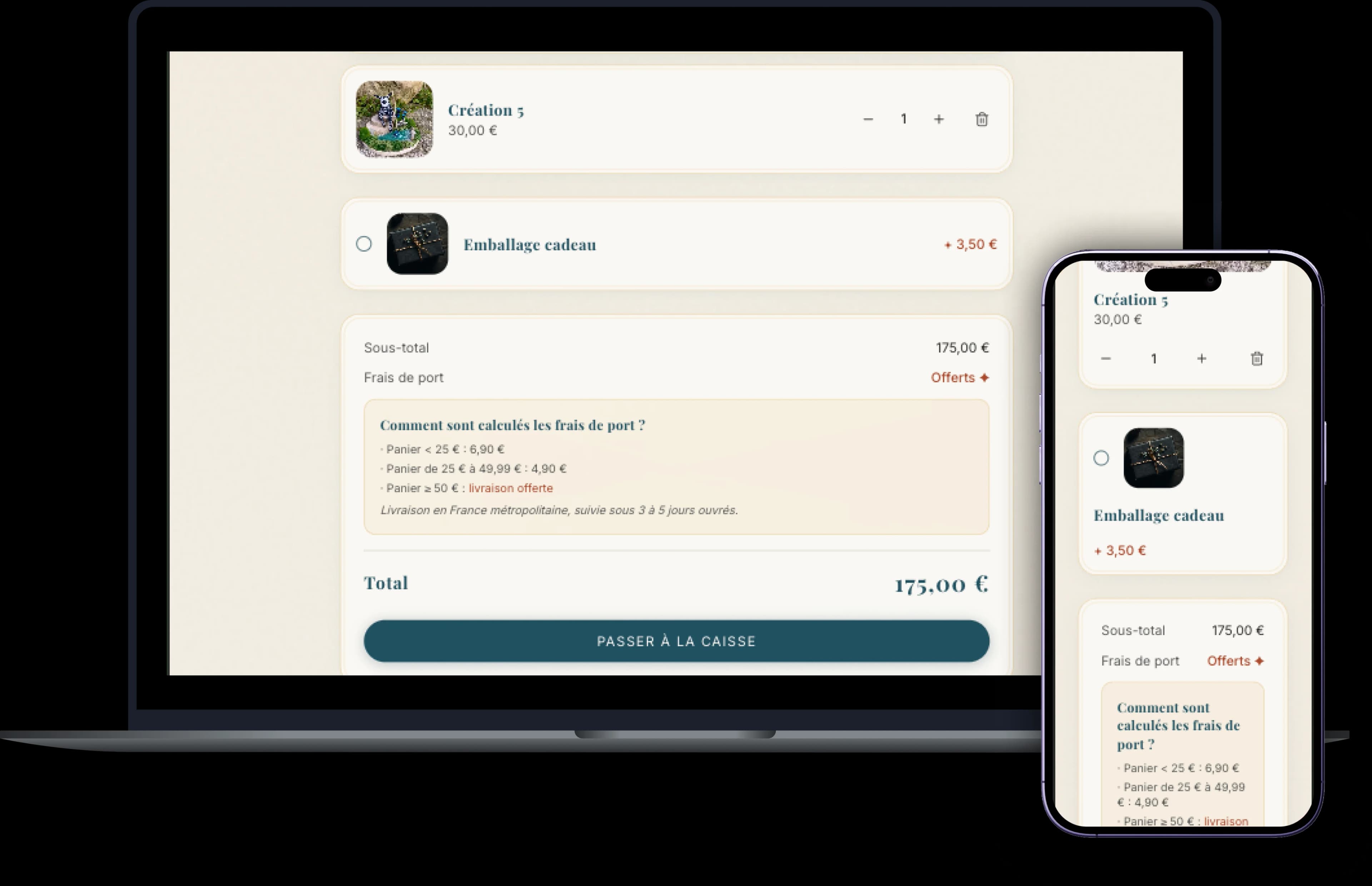 Page panier du site e-commerce de Louille, artiste tatoueuse et créatrice d'objets d'art