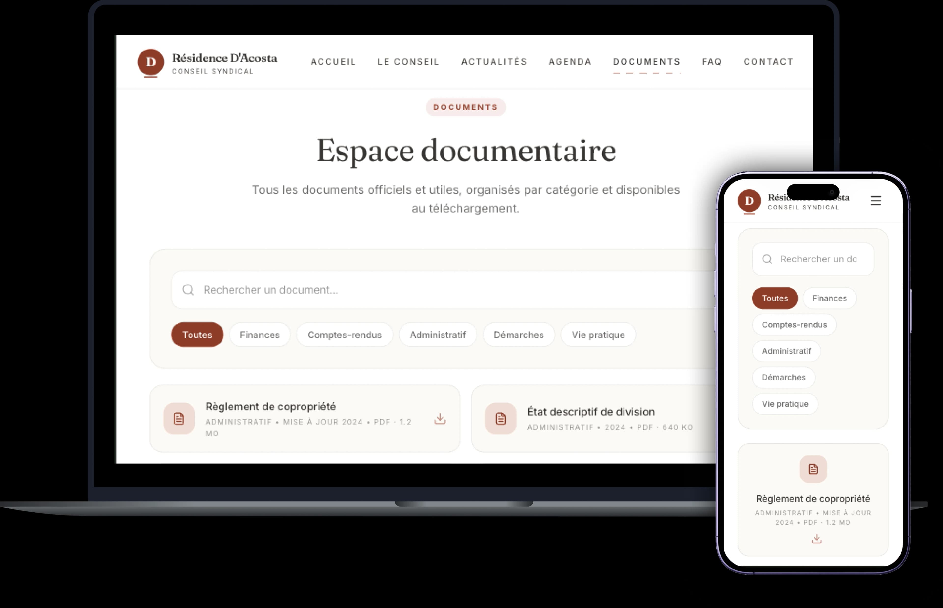 Page documents de la plateforme communautaire du Conseil Syndical de la Résidence d'Acosta