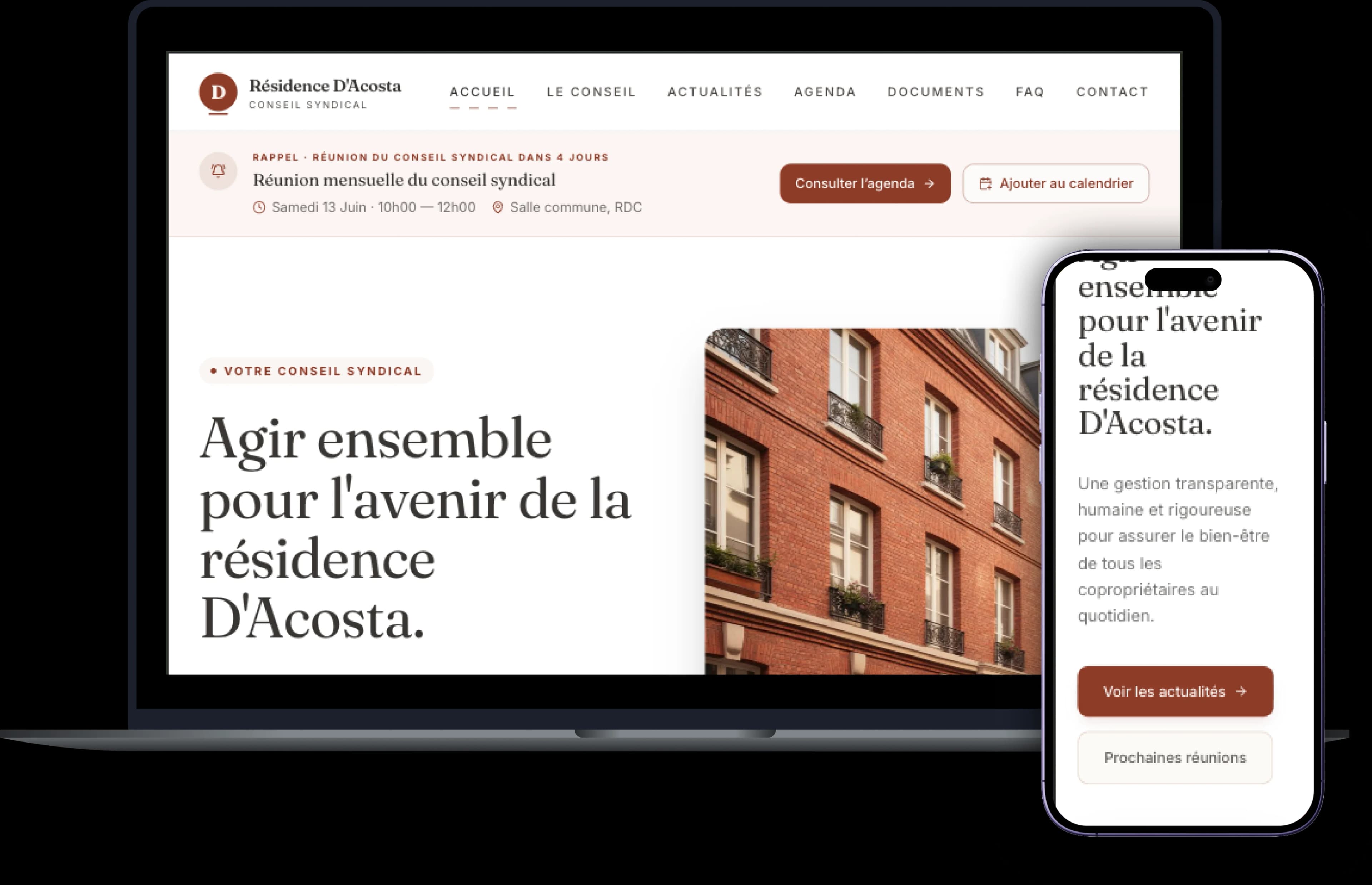 Page d'accueil de la plateforme communautaire du Conseil Syndical de la Résidence d'Acosta