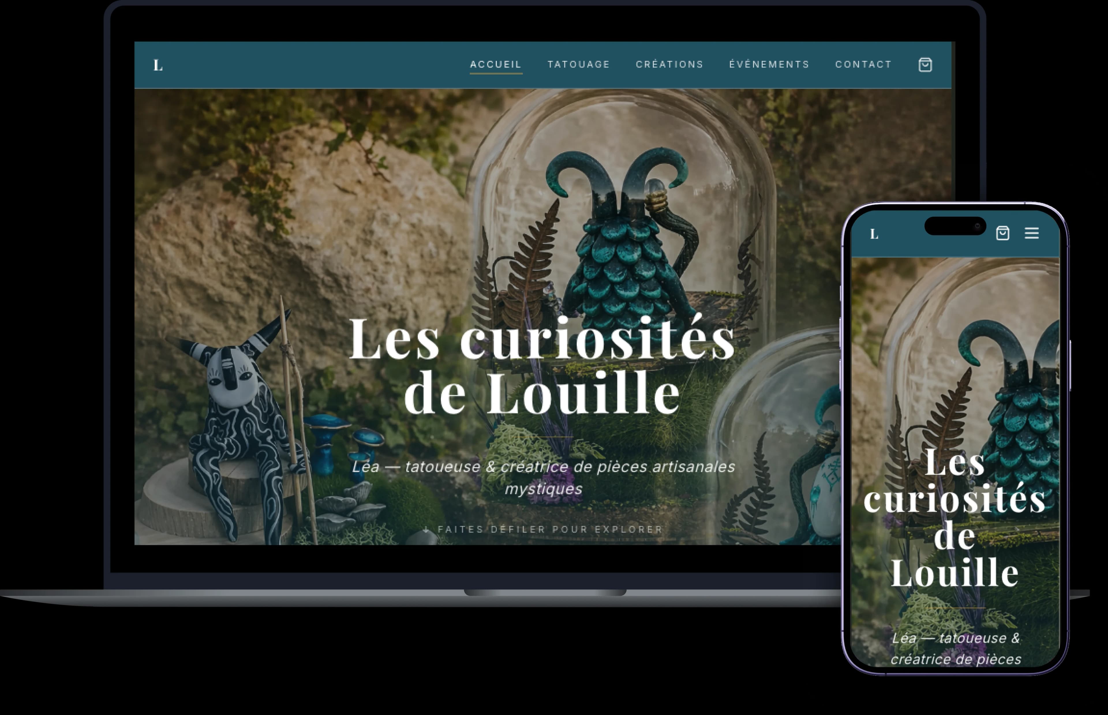 Page d'accueil du site e-commerce de Louille, artiste tatoueuse et créatrice d'objets d'art
