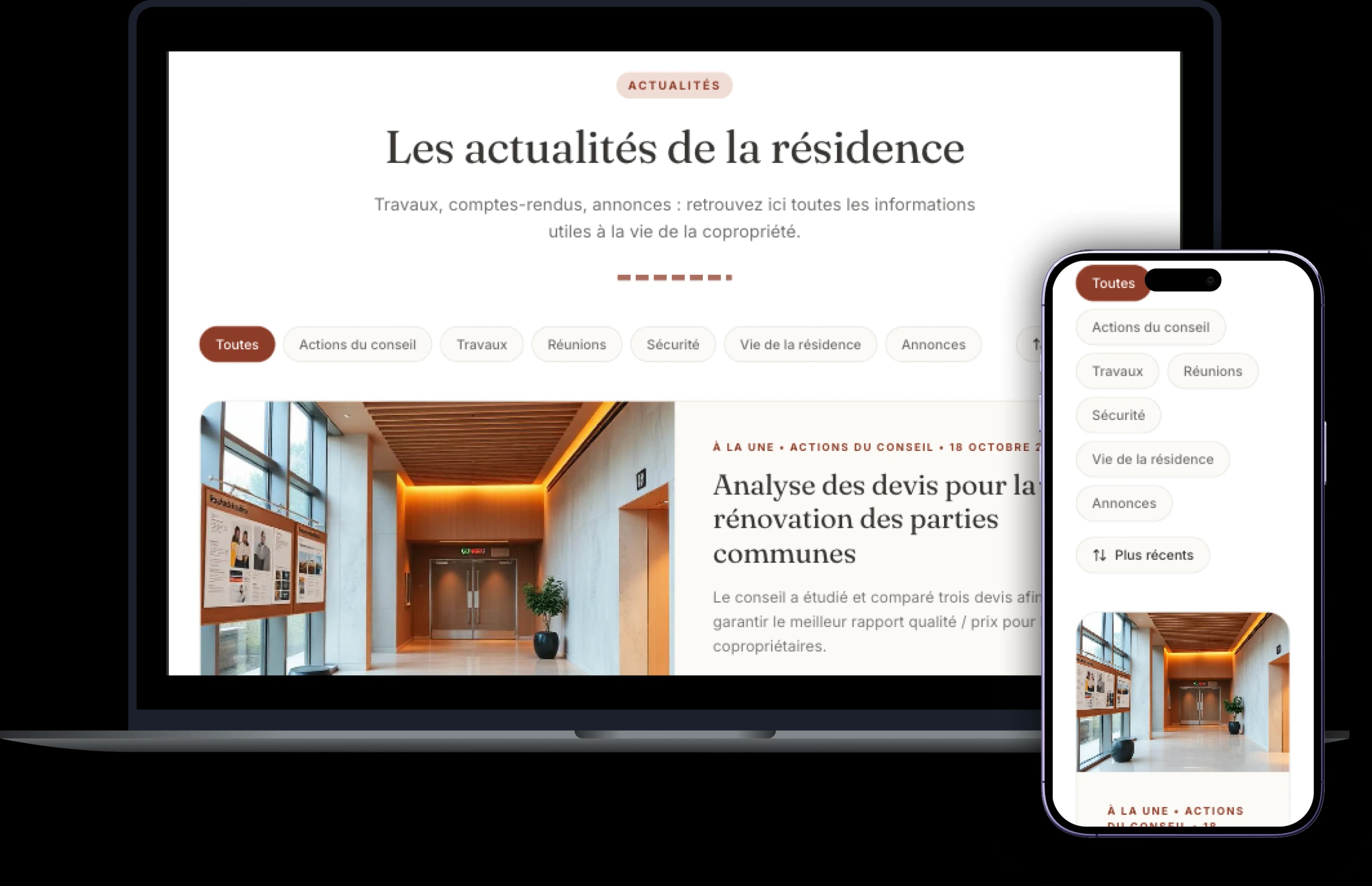 Page actualités de la plateforme communautaire du Conseil Syndical de la Résidence d'Acosta